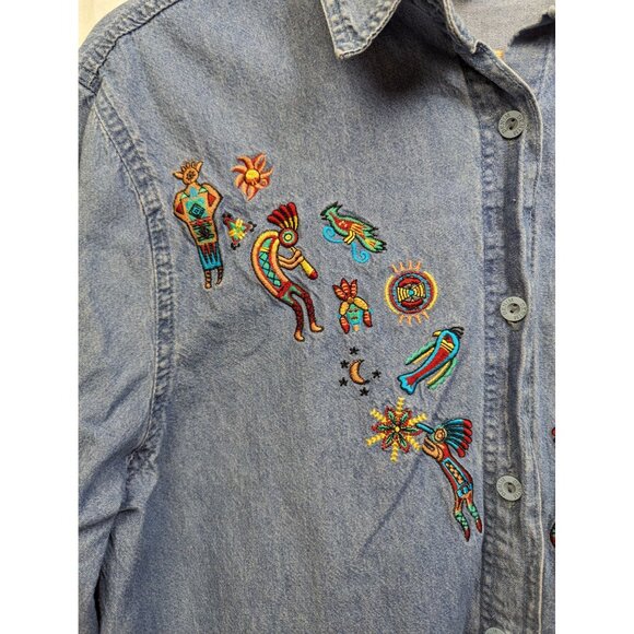 Passion-I Women's Vintage Denim Southwestern Embroidered Button Up Shirt Sz L - Picture 2 of 6